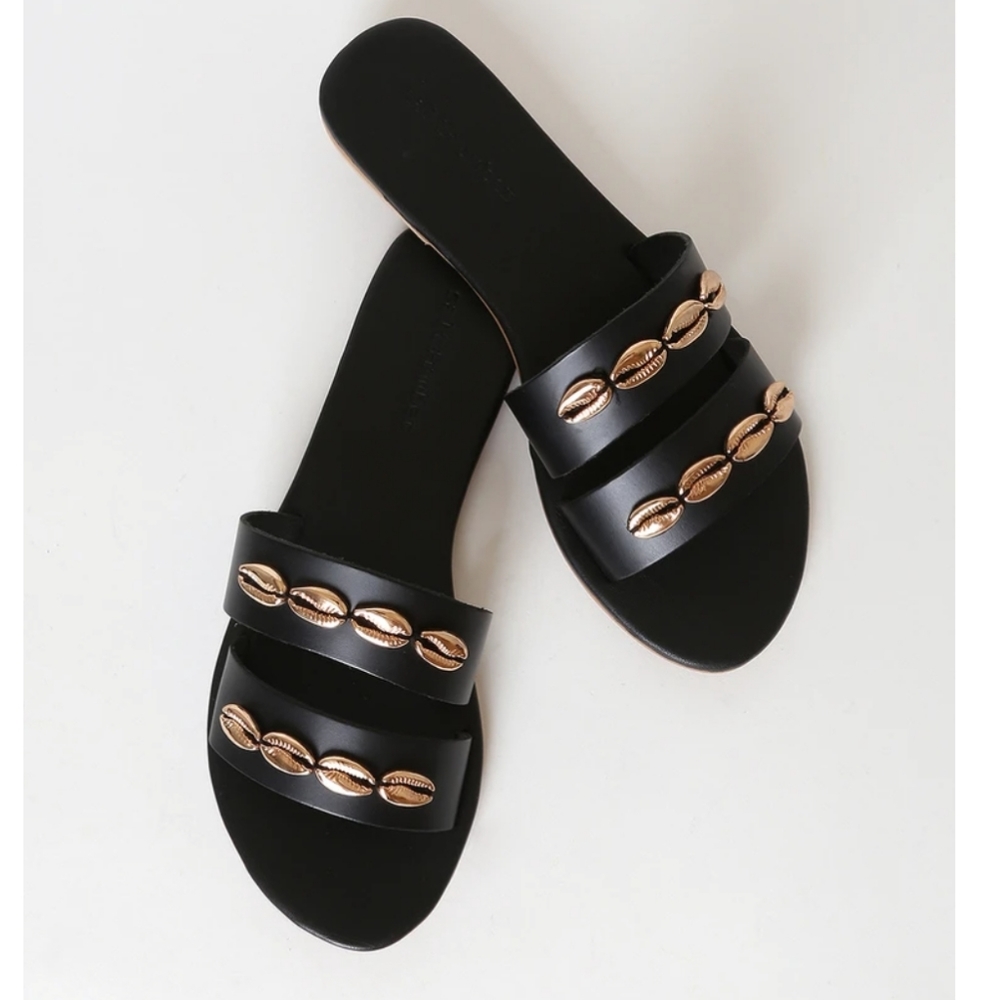 Anthropologie Salt + Umber Bayside black leather shell slide sandal new size 8